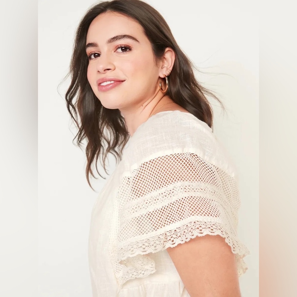 OLD NAVY Off-White Cream Flutter Lace Sleeve Swing Mini Midi Dress Open-Back M - Picture 5 of 16
